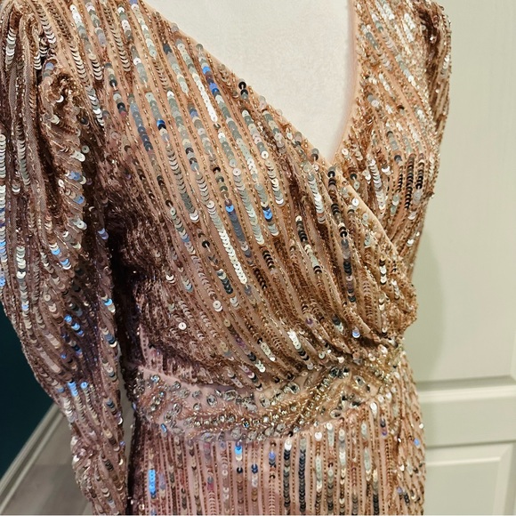 93549 Mac Duggal v neck sequin surplice puff sleeve wrap gown rose $598 NWT sz 6 - Picture 5 of 8